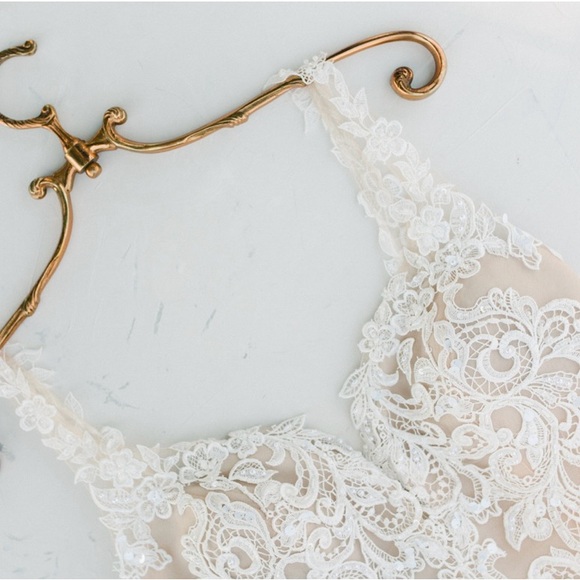 Cream Lace Wedding Dress with Plunging Neckline